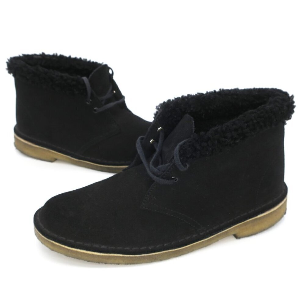 Clarks Desert Boots Wool Lined Fuzzy Black Suede Ankle Chukka Lace-up Womens 8.5